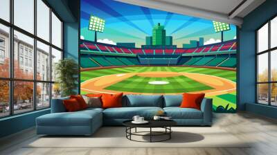 Imagine standing midfield on a game-ready green field in a baseball stadium, the air thick with anticipation for the unfolding action.  Wall mural