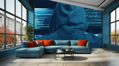 Internet cyber crime concept. Hacker working on a code on dark digital background. Wall mural