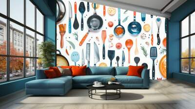 Kitchen utensils and vegetables pattern on white background Wall mural