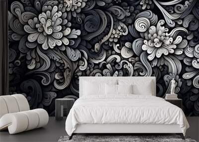 Abstract floral pattern in black and white colors Wall mural