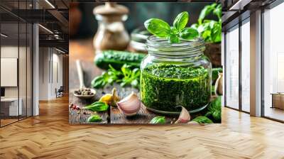 Fresh Homemade Basil Pesto in a Jar Surrounded by Ingredients on a Rustic Wooden Table Wall mural