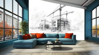 Modern Urban Construction Concept with Cranes. Architectural Sketch of Building Site Wall mural