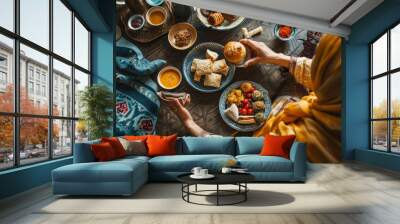 Muslim Woman eating iftar in Ramadan. Celebration Ramadan. Wall mural