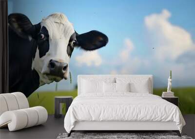 Mature cow black and white curious gentle surprised look in a green pasture blue sky Wall mural