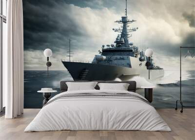 Military ship on the sea going to war, warship Wall mural