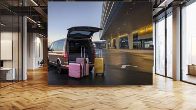 Minivan with suitcases and luggage in the background, airport shuttle service Wall mural