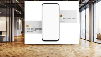 Mobile payment concept. Bank card mockup with chip and smartphone. Smartphone white screen. Plastic card for online payments. Blank smartphone screen. Online payments. 3D render. Wall mural