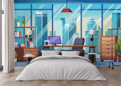 Modern business office interior with view on city skyscrapers through large window, desk with computer and stack of papers and folders, chair and cabinet. Cartoon vector businessman workplace. Wall mural