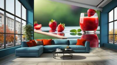 Natural strawberry juice on a neutral background Wall mural