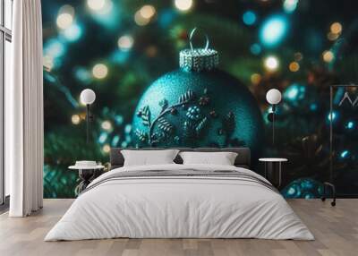 New Year's Eve background of toys with wishing you a Merry Christmas and spruce branch neutral background. Wall mural