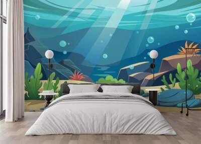 Ocean or sea underwater background. Empty sandy bottom with seaweeds grow at rocks and air bubbles floating at sunlight beam falling from above. Marine scene, undersea life Cartoon vector illustration Wall mural