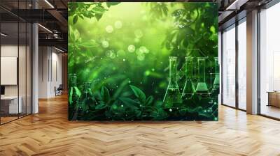 Biology laboratory of nature and science, plants with biochemical structure and chemical formula on green background. generative ai Wall mural