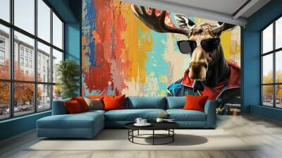 moose in black sunglasses on a multi-colored background. background made of oil paints. in a tracksuit. laughter. place for text.  Wall mural