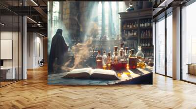 old book with magic potion in old laboratory Wall mural