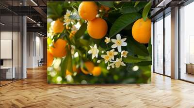 Orange tree with blossoms and clusters of juicy harvest ready oranges Wall mural