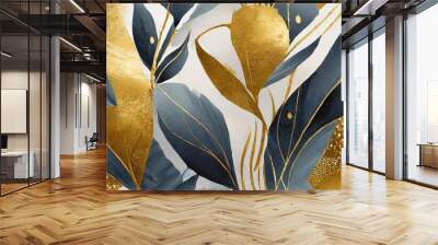 painted abstract background modern seamless pattern with plant silhouettes and gold graphic elements Wall mural