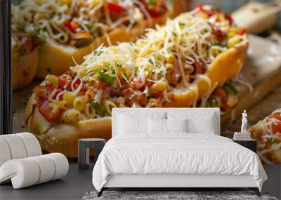 Pizza dough boats filled with pasta tomatoes peppers and onions and topped with cheese Wall mural