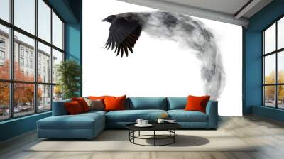 dark crow flying from grey smoke isolated on white Wall mural