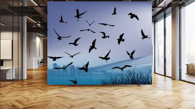 dark seagulls above blue water Wall mural