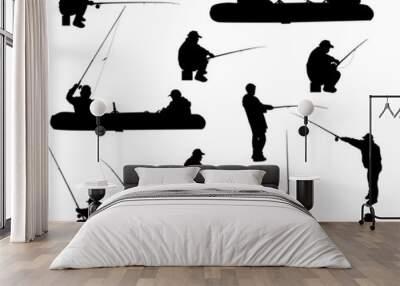 fishermen in silhouettes collection isolated on white Wall mural