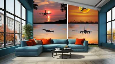 four planes at orange sunset Wall mural