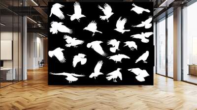 group of twenty one crow white silhouettes on black Wall mural