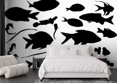 group of twenty one tropical black fishes on white Wall mural