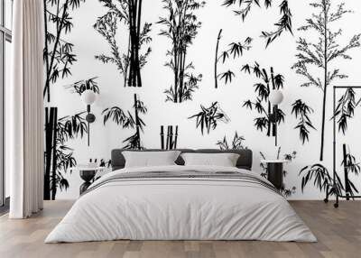 isolated black bamboo plant silhouettes collection Wall mural