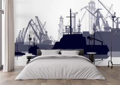 ships and cranes in seaport isolated on white Wall mural