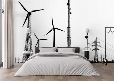 three wind power generator and electric line silhouettes in forest isolated on white Wall mural