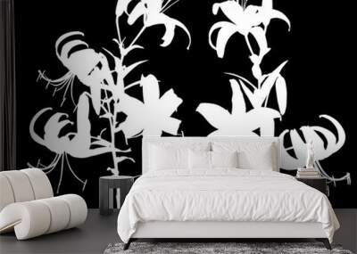 two white large tiger lily silhouettes on black Wall mural