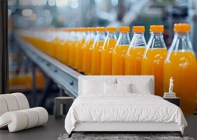 Production line of bottled juice beverage moving on conveyor belt in factory Wall mural