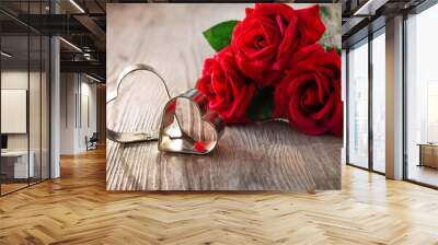 Abstract background for Valentines day with red roses and two hearts Wall mural