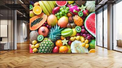 Assortment of colorful ripe tropical fruits. Top view Wall mural