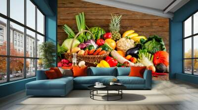 Assortment of the fresh fruits and vegetables Wall mural