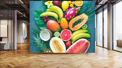 Assortment of tropical fruits with palm leaves and exotic flowers Wall mural