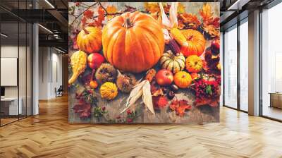 Autumn still life with pumpkins, corn cobs and berries Wall mural