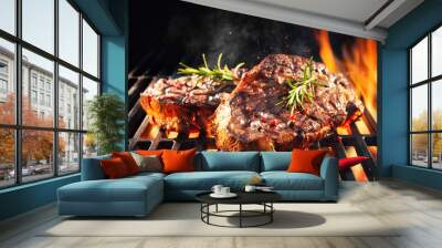 Beef steaks sizzling on the grill Wall mural