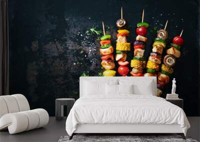 Chicken kebabs on skewers with mushrooms and vegetables Wall mural