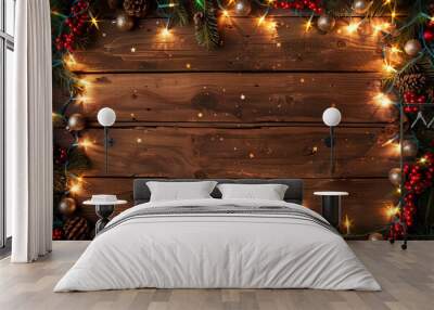 Christmas background with fir branches, decorations and string lights in the frame and an empty space for content on rustic wooden table. Top view Wall mural