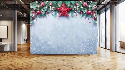 Christmas background with fir branches and holiday decoration Wall mural