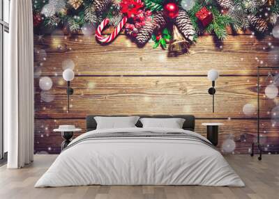 Christmas background with fir tree and decoration Wall mural