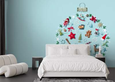 Christmas holiday background with objects in bauble ornament shape, top view Wall mural