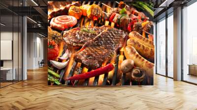 Delicious grilled meat with vegetables sizzling over the coals on barbecue Wall mural