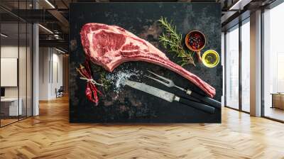 Dry aged raw tomahawk beef steak Wall mural