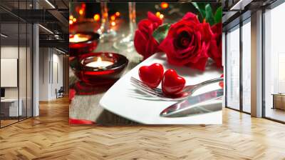 festive table place setting for valentines day dinner Wall mural