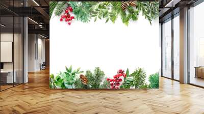 Flat lay composition with winter fir branches, cones, holly isolated on white background Wall mural