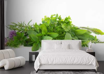 Fresh garden herbs isolated on white background Wall mural