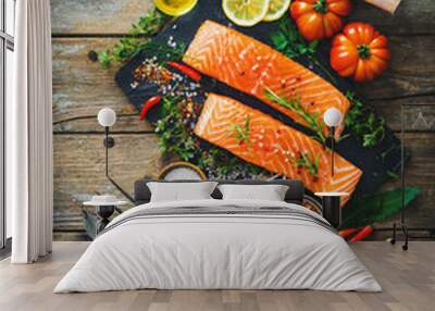 Fresh salmon fillet with aromatic herbs, spices and vegetables Wall mural