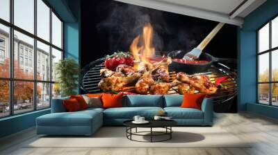 Grilled chicken legs or drumsticks on the hot flaming grill Wall mural